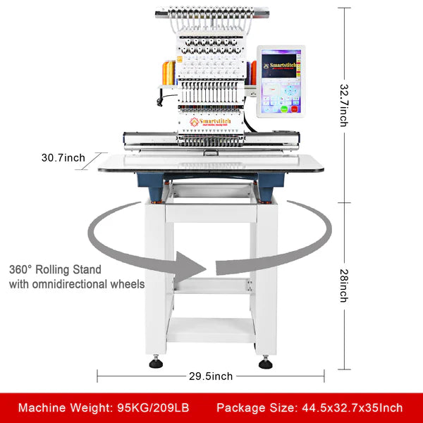 Smartstitch S-1501 Commercial Embroidery Machine with 15 Needles,14"x20" Embroidery Area,1200SPM Max Speed,12" Touch Screen, Wifi available, capable of embroidering on 3D Caps, Flat, T-shirt and more