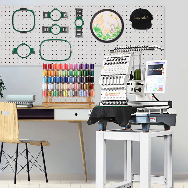 Smartstitch S-1501 Commercial Embroidery Machine with 15 Needles,14"x20" Embroidery Area,1200SPM Max Speed,12" Touch Screen, Wifi available, capable of embroidering on 3D Caps, Flat, T-shirt and more