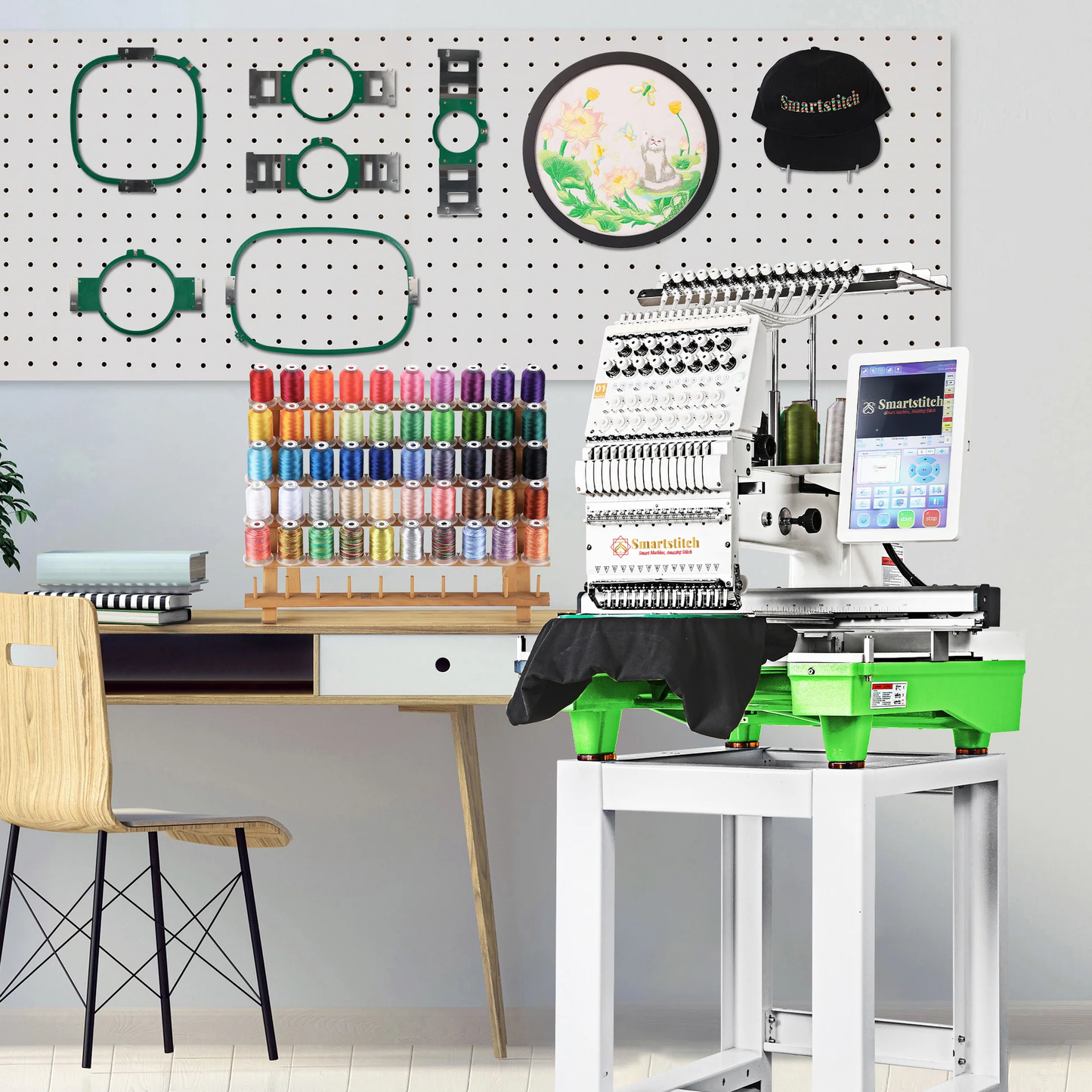 Smartstitch S-1501 Commercial Embroidery Machine with 15 Needles,14"x20" Embroidery Area,1200SPM Max Speed,12" Touch Screen, Wifi available, capable of embroidering on 3D Caps, Flat, T-shirt more