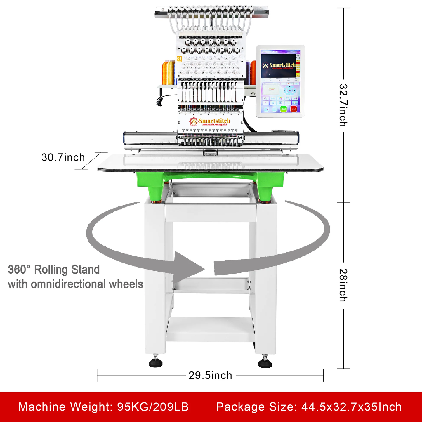 Smartstitch S-1501 Commercial Embroidery Machine with 15 Needles,14"x20" Embroidery Area,1200SPM Max Speed,12" Touch Screen, Wifi available, capable of embroidering on 3D Caps, Flat, T-shirt more