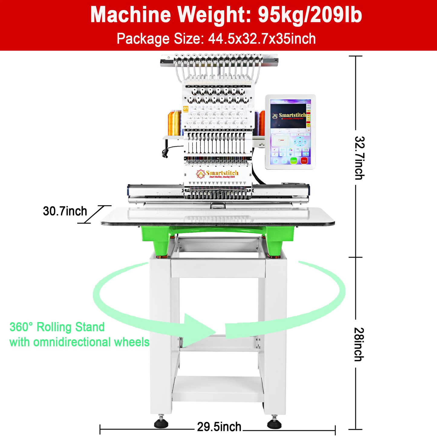 Smartstitch S-1501 Commercial Embroidery Machine with 15 Needles,14"x20" Embroidery Area,1200SPM Max Speed,12" Touch Screen, Wifi available, capable of embroidering on 3D Caps, Flat, T-shirt and more