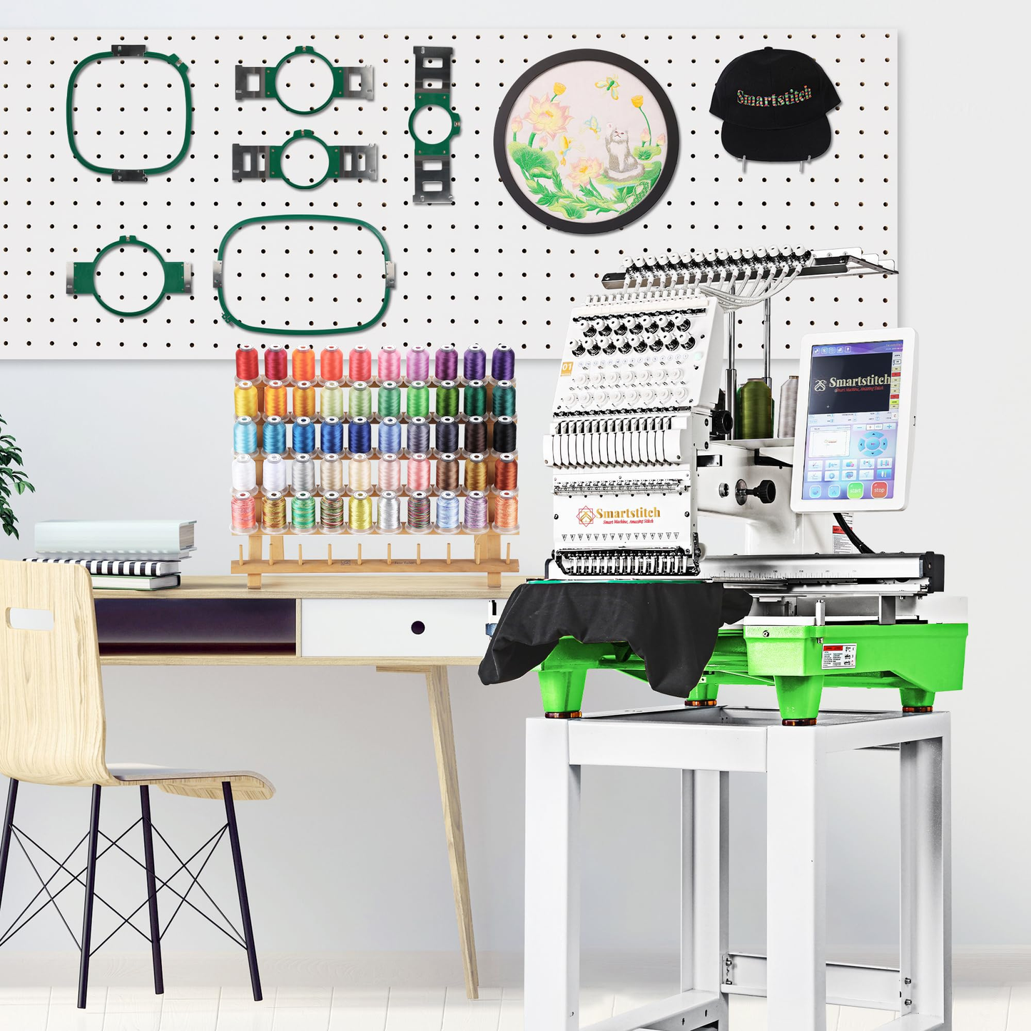 Smartstitch S-1501 Commercial Embroidery Machine with 15 Needles,14"x20" Embroidery Area,1200SPM Max Speed,12" Touch Screen, Wifi available, capable of embroidering on 3D Caps, Flat, T-shirt and more